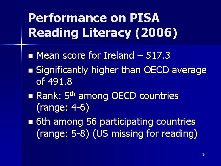 Performance on PISA Reading Literacy (2006) Mean score for Ireland – 517. 3 n Performance on PISA Reading Literacy (2006) Mean score for Ireland – 517. 3 n