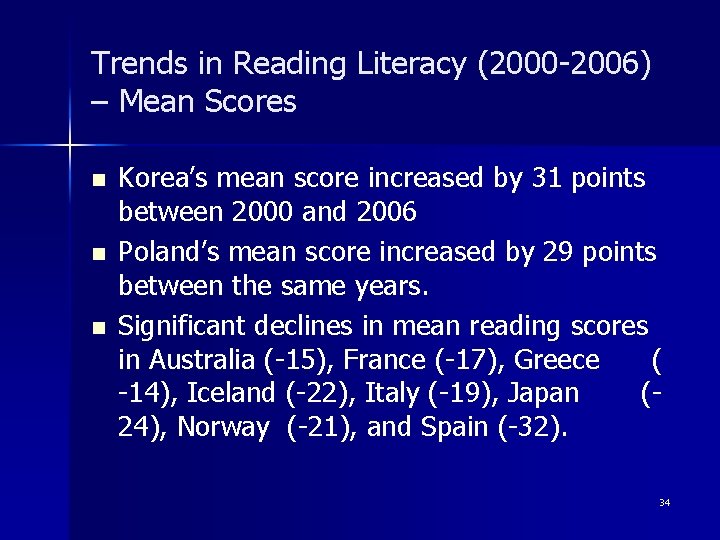 Trends in Reading Literacy (2000 -2006) – Mean Scores n n n Korea’s mean Trends in Reading Literacy (2000 -2006) – Mean Scores n n n Korea’s mean