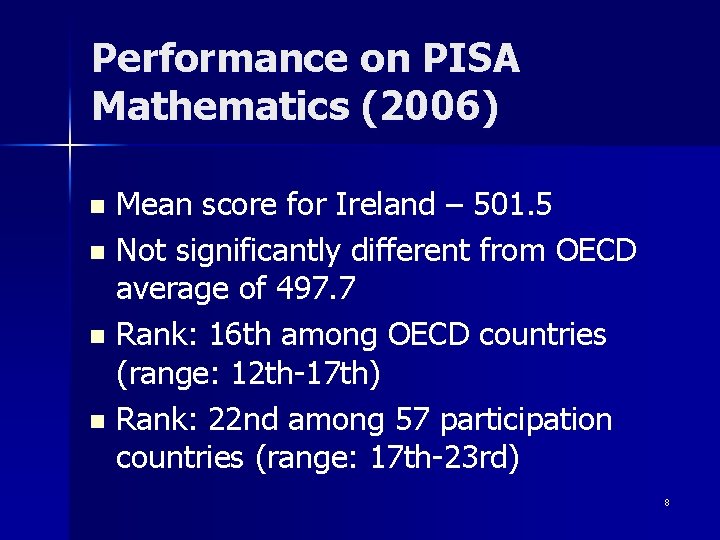 Performance on PISA Mathematics (2006) Mean score for Ireland – 501. 5 n Not Performance on PISA Mathematics (2006) Mean score for Ireland – 501. 5 n Not