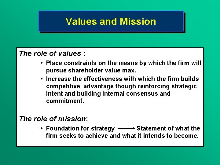 Values and Mission The role of values : • Place constraints on the means