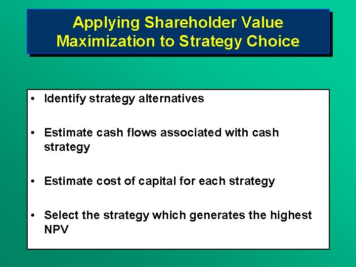 Applying Shareholder Value Maximization to Strategy Choice • Identify strategy alternatives • Estimate cash
