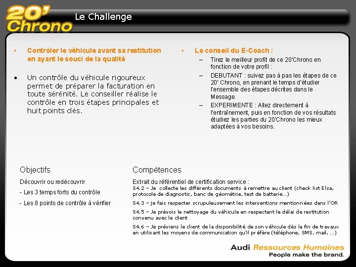 Le Challenge • • Contrôler le véhicule avant sa restitution en ayant le souci