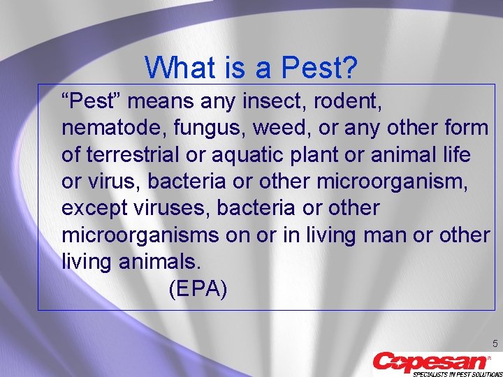 What is a Pest? “Pest” means any insect, rodent, nematode, fungus, weed, or any