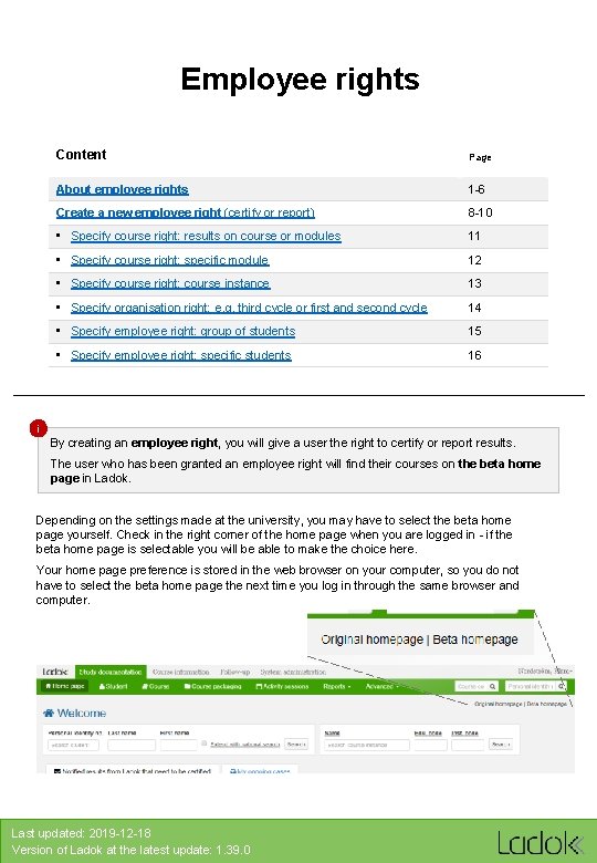 Employee rights Content Page About employee rights 1 -6 Create a new employee right