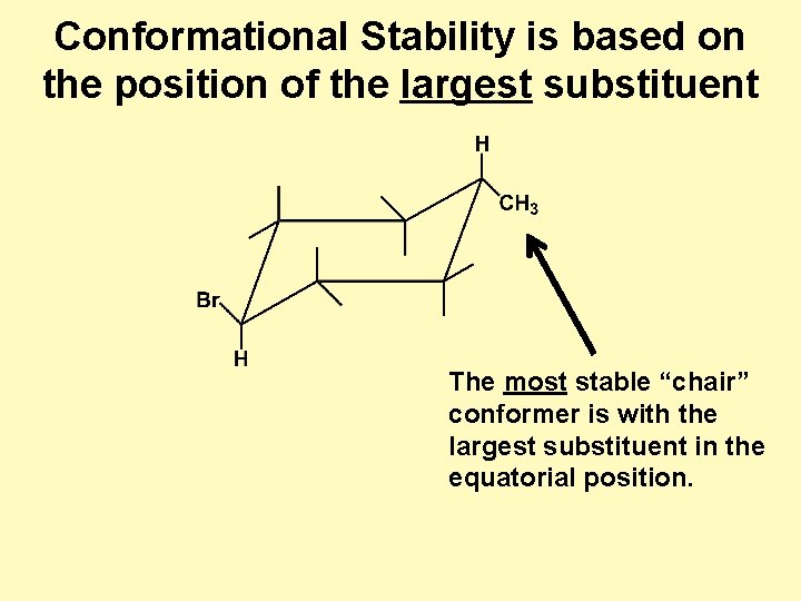 Conformational Stability is based on the position of the largest substituent The most stable