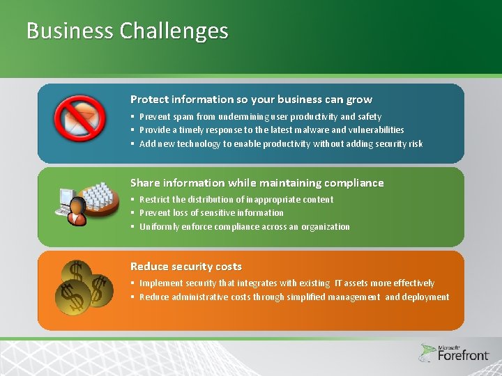 Business Challenges Protect information so your business can grow § Prevent spam from undermining Business Challenges Protect information so your business can grow § Prevent spam from undermining