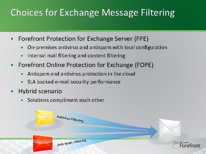 Choices for Exchange Message Filtering § Forefront Protection for Exchange Server (FPE) On-premises antivirus Choices for Exchange Message Filtering § Forefront Protection for Exchange Server (FPE) On-premises antivirus