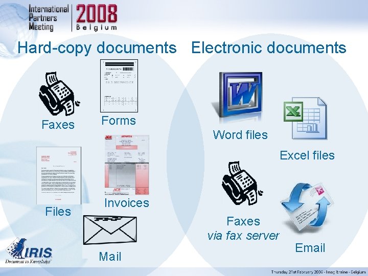 Hard-copy documents Electronic documents Faxes Forms Word files Excel files Files Invoices Faxes via