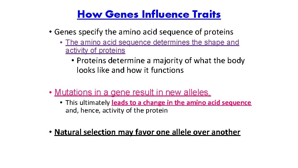 How Genes Influence Traits • Genes specify the amino acid sequence of proteins •