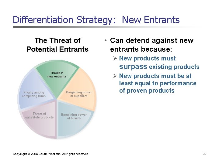 Differentiation Strategy: New Entrants The Threat of Potential Entrants • Can defend against new