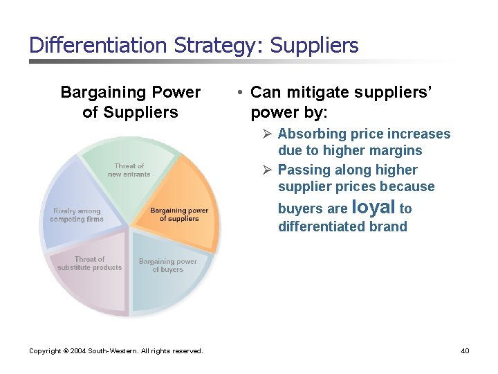 Differentiation Strategy: Suppliers Bargaining Power of Suppliers • Can mitigate suppliers’ power by: Ø