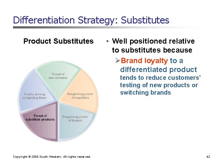Differentiation Strategy: Substitutes Product Substitutes • Well positioned relative to substitutes because ØBrand loyalty