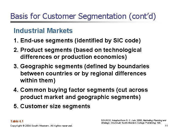 Basis for Customer Segmentation (cont’d) Industrial Markets 1. End-use segments (identified by SIC code)