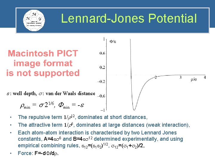 Lennard-Jones Potential : well depth, : van der Waals distance rmin = 21/6, Fmin