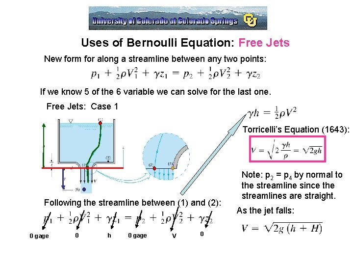 Uses of Bernoulli Equation: Free Jets New form for along a streamline between any