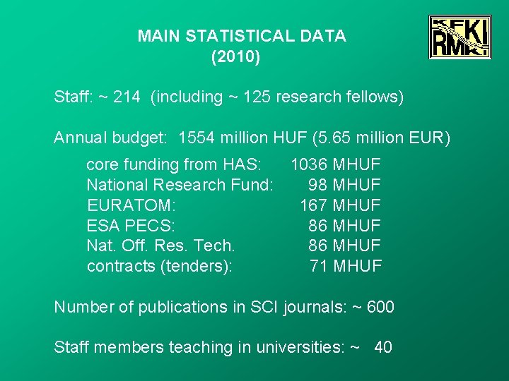 MAIN STATISTICAL DATA (2010) Staff: ~ 214 (including ~ 125 research fellows) Annual budget: