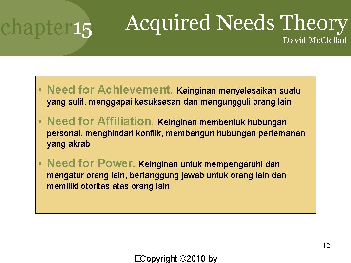 chapter 15 Acquired Needs Theory David Mc. Clellad • Need for Achievement. Keinginan menyelesaikan