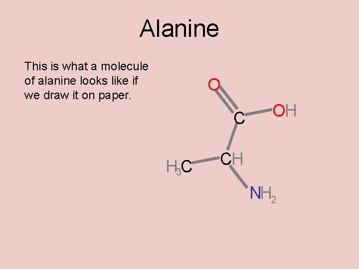 Alanine This is what a molecule of alanine looks like if we draw it