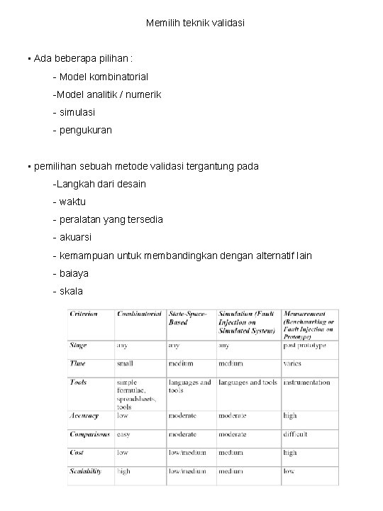 Memilih teknik validasi • Ada beberapa pilihan : - Model kombinatorial -Model analitik / Memilih teknik validasi • Ada beberapa pilihan : - Model kombinatorial -Model analitik /