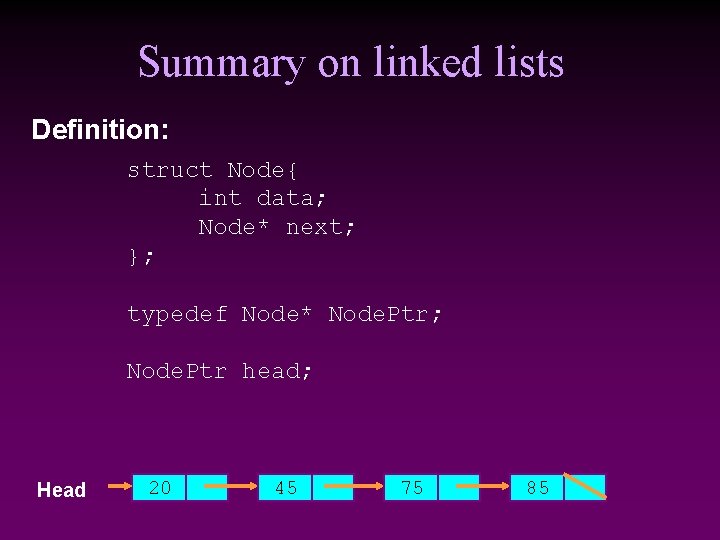 Summary on linked lists Definition: struct Node{ int data; Node* next; }; typedef Node*
