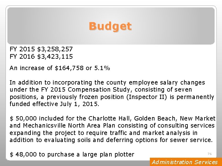 Budget FY 2015 $3, 258, 257 FY 2016 $3, 423, 115 An increase of