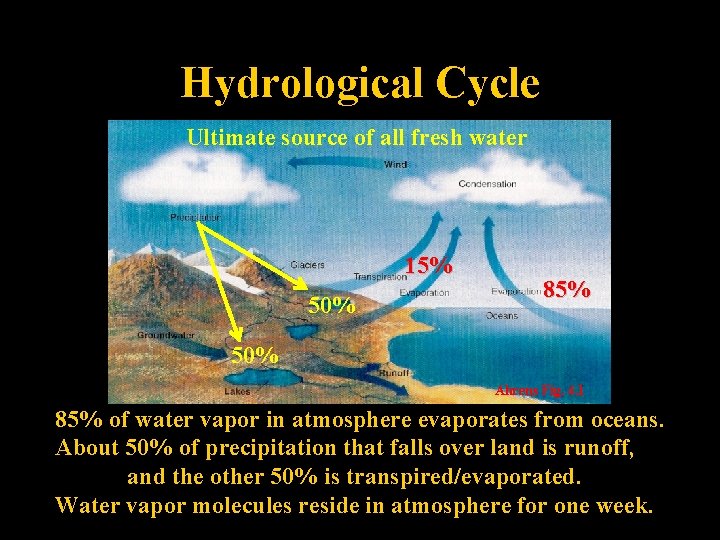 Hydrological Cycle Ultimate source of all fresh water 15% 50% 85% 50% Ahrens Fig.