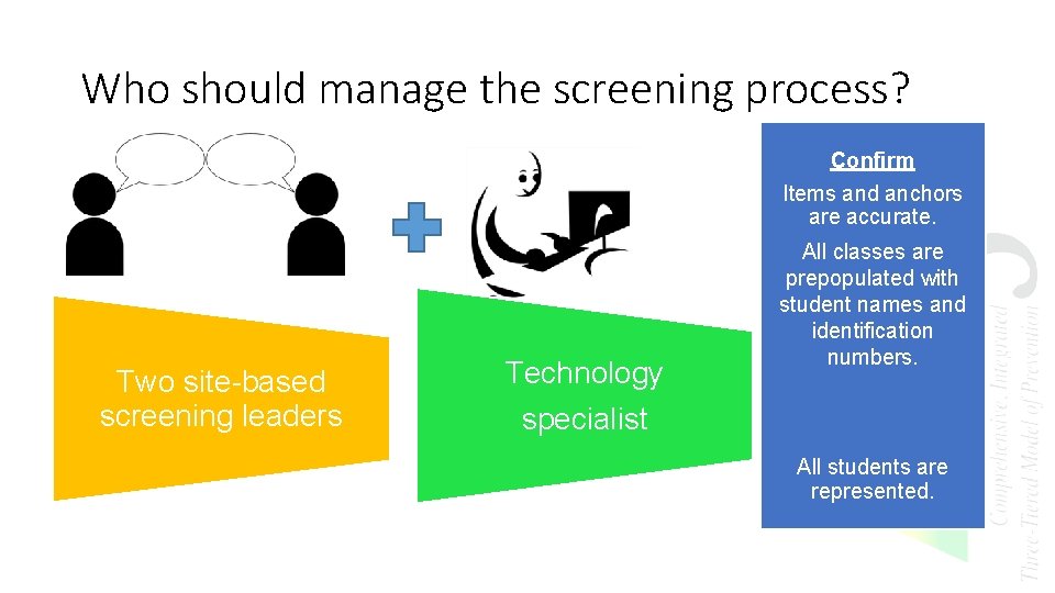 Who should manage the screening process? Confirm Items and anchors are accurate. Two site-based
