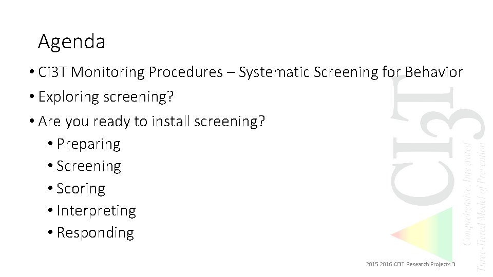 Agenda • Ci 3 T Monitoring Procedures – Systematic Screening for Behavior • Exploring