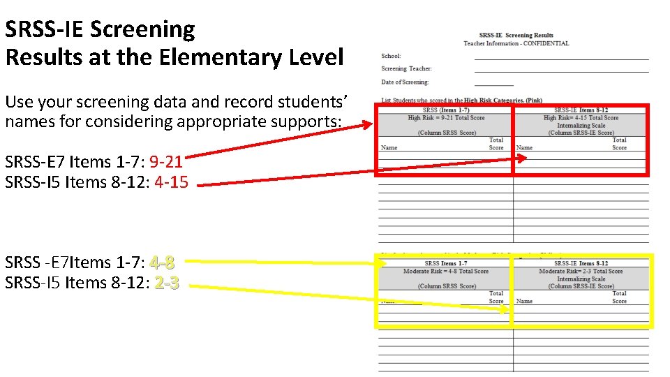 SRSS-IE Screening Results at the Elementary Level Use your screening data and record students’