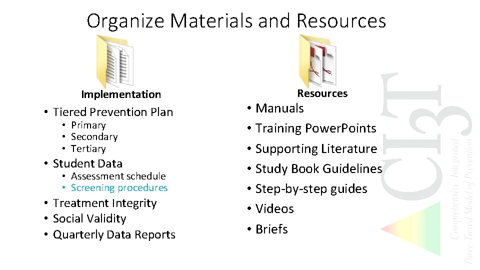 Organize Materials and Resources Implementation • Tiered Prevention Plan • Primary • Secondary •