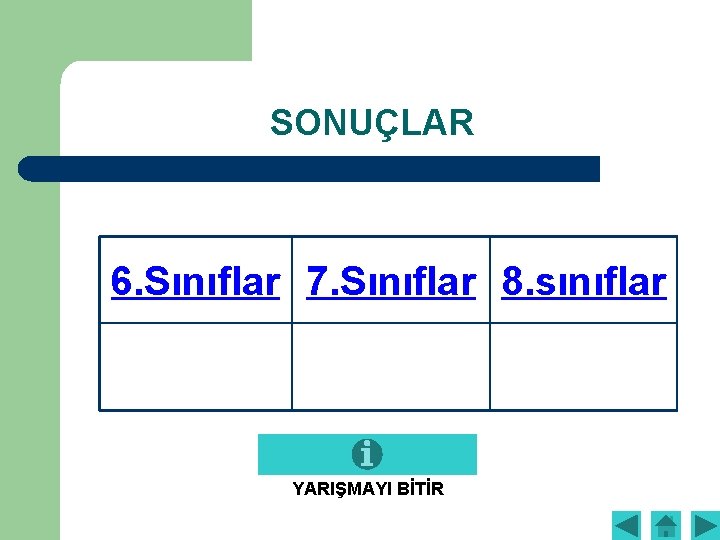 SONUÇLAR 6. Sınıflar 7. Sınıflar 8. sınıflar YARIŞMAYI BİTİR 