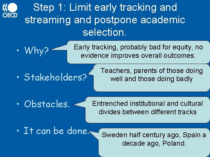 Step 1: Limit early tracking and streaming and postpone academic selection. • Why? Early