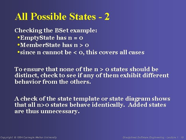 All Possible States - 2 Checking the BSet example: • Empty. State has n