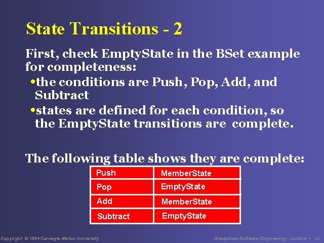 State Transitions - 2 First, check Empty. State in the BSet example for completeness: