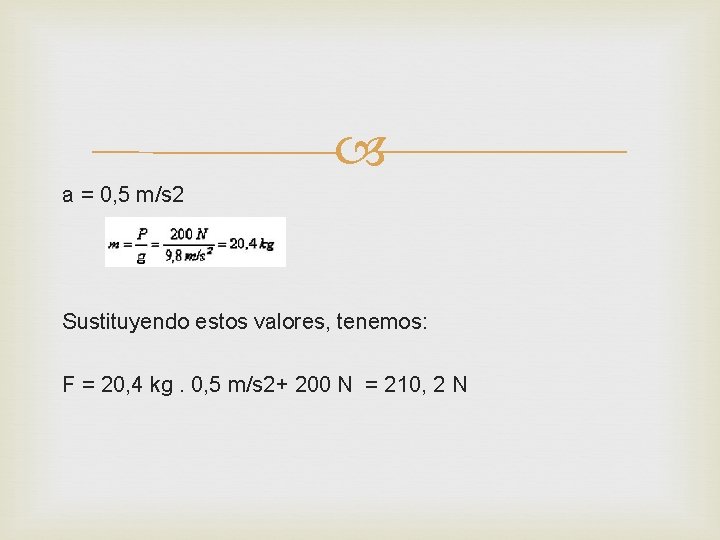  a = 0, 5 m/s 2 Sustituyendo estos valores, tenemos: F = 20,