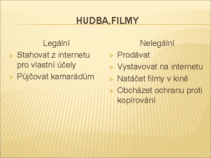 HUDBA, FILMY Ø Ø Legální Stahovat z internetu pro vlastní účely Půjčovat kamarádům Ø