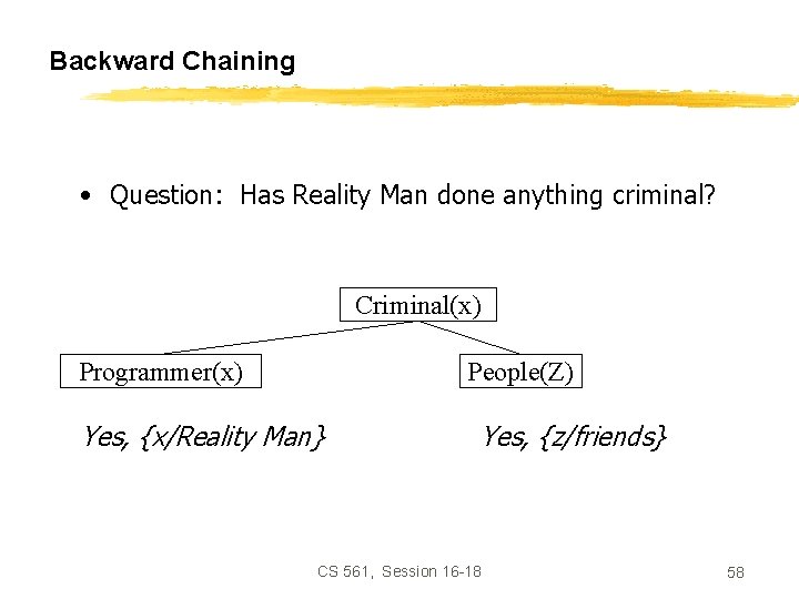 Backward Chaining • Question: Has Reality Man done anything criminal? Criminal(x) Programmer(x) People(Z) Yes,