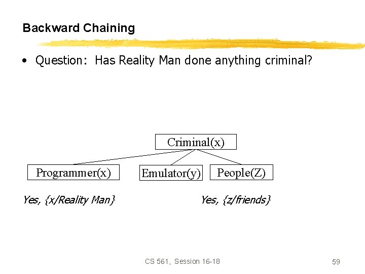 Backward Chaining • Question: Has Reality Man done anything criminal? Criminal(x) Programmer(x) Yes, {x/Reality