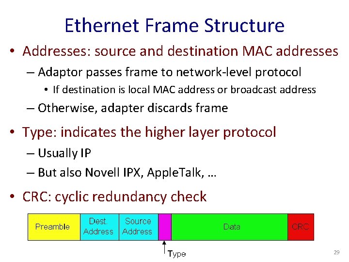Ethernet Frame Structure • Addresses: source and destination MAC addresses – Adaptor passes frame
