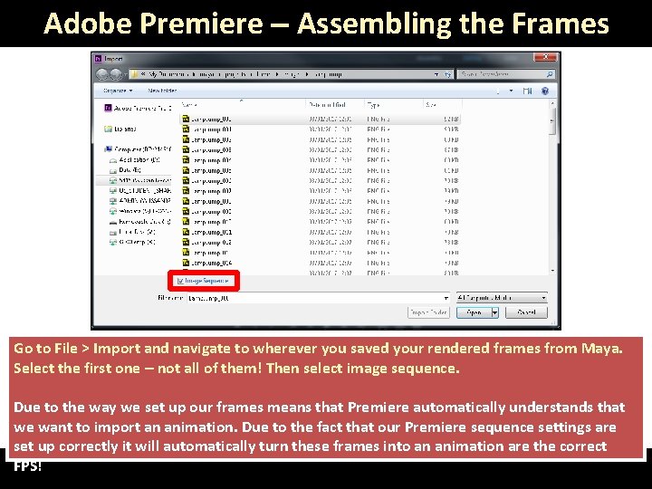 Adobe Premiere – Assembling the Frames Go to File > Import and navigate to