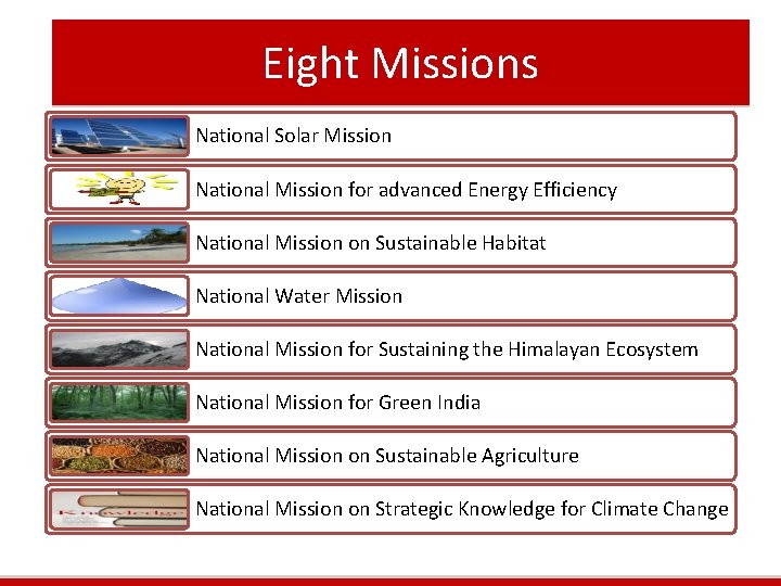 Eight Missions National Solar Mission National Mission for advanced Energy Efficiency National Mission on Eight Missions National Solar Mission National Mission for advanced Energy Efficiency National Mission on
