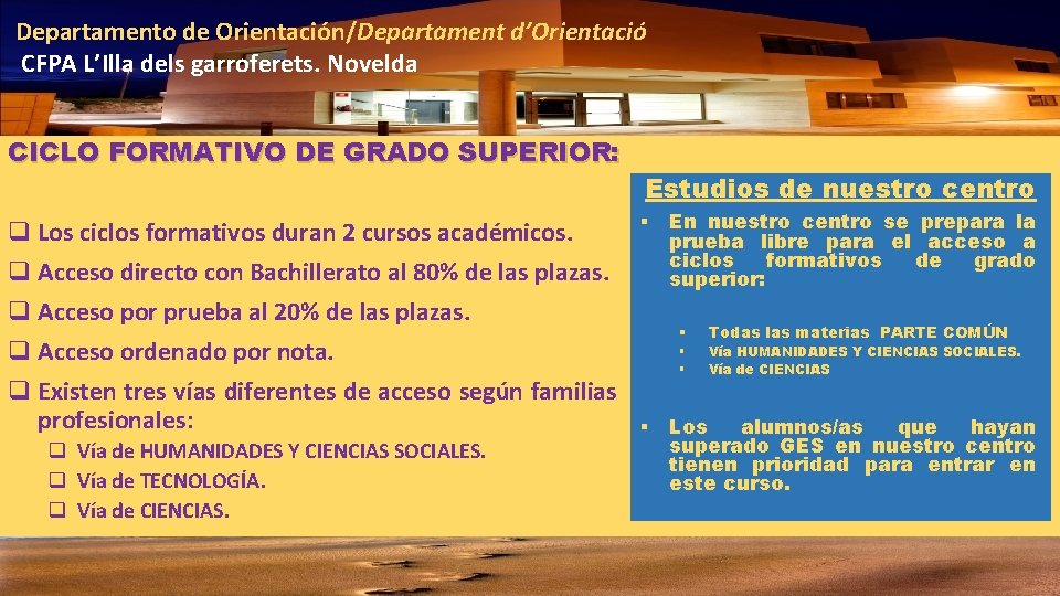 Departamento de Orientación/Departament d’Orientació CFPA L’Illa dels garroferets. Novelda CICLO FORMATIVO DE GRADO SUPERIOR: