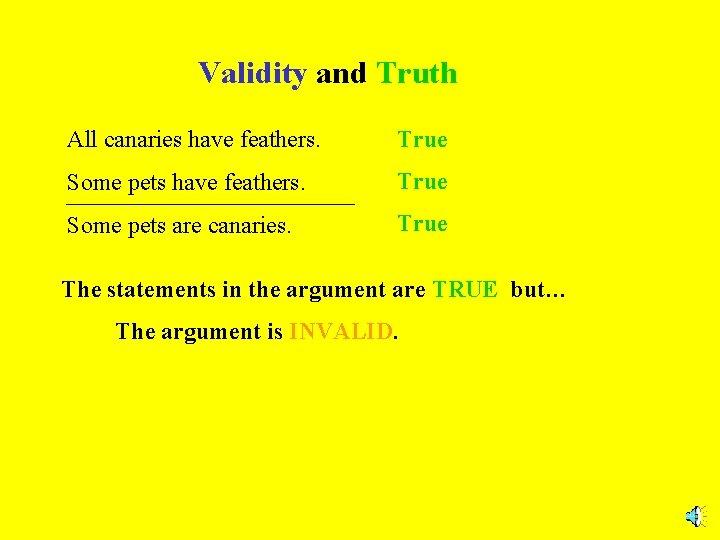 Validity and Truth All canaries have feathers. True Some pets are canaries. True The