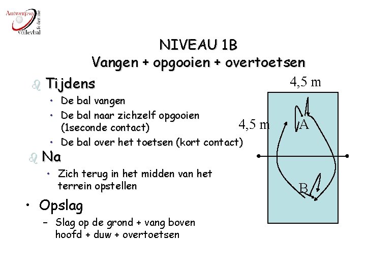 NIVEAU 1 B Vangen + opgooien + overtoetsen 4, 5 m b Tijdens •