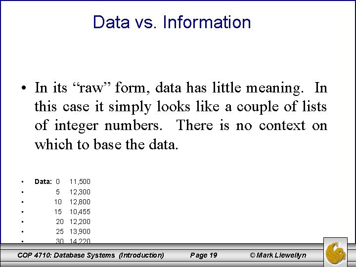 Data vs. Information • In its “raw” form, data has little meaning. In this