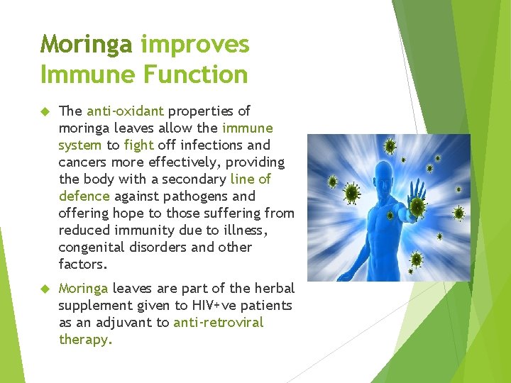 Moringa improves Immune Function The anti-oxidant properties of moringa leaves allow the immune system