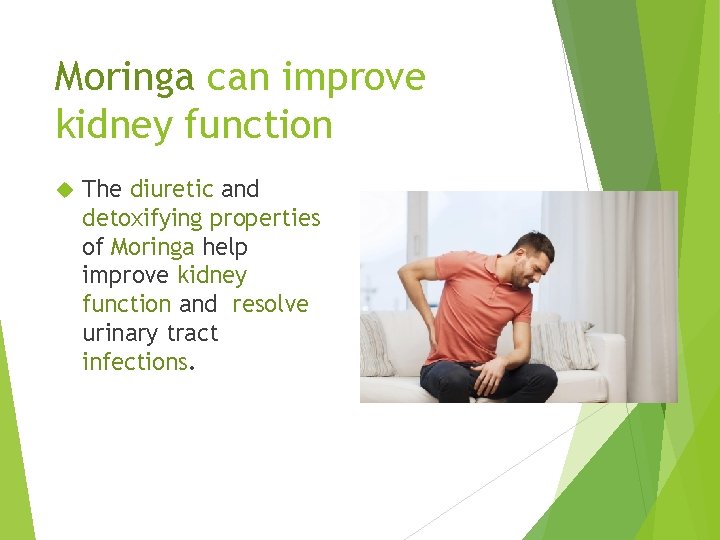 Moringa can improve kidney function The diuretic and detoxifying properties of Moringa help improve