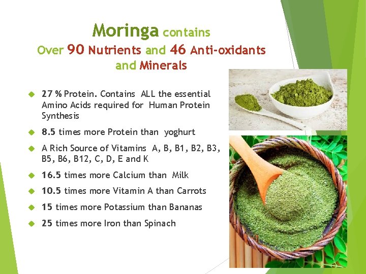 Moringa contains Over 90 Nutrients and 46 Anti-oxidants and Minerals 27 % Protein. Contains