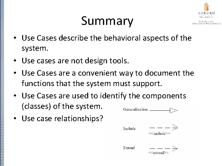 Summary • Use Cases describe the behavioral aspects of the system. • Use cases