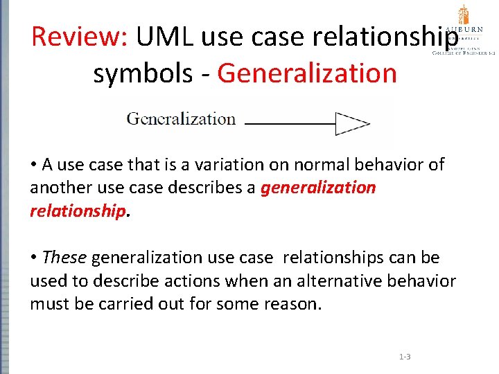 Review: UML use case relationship symbols - Generalization • A use case that is